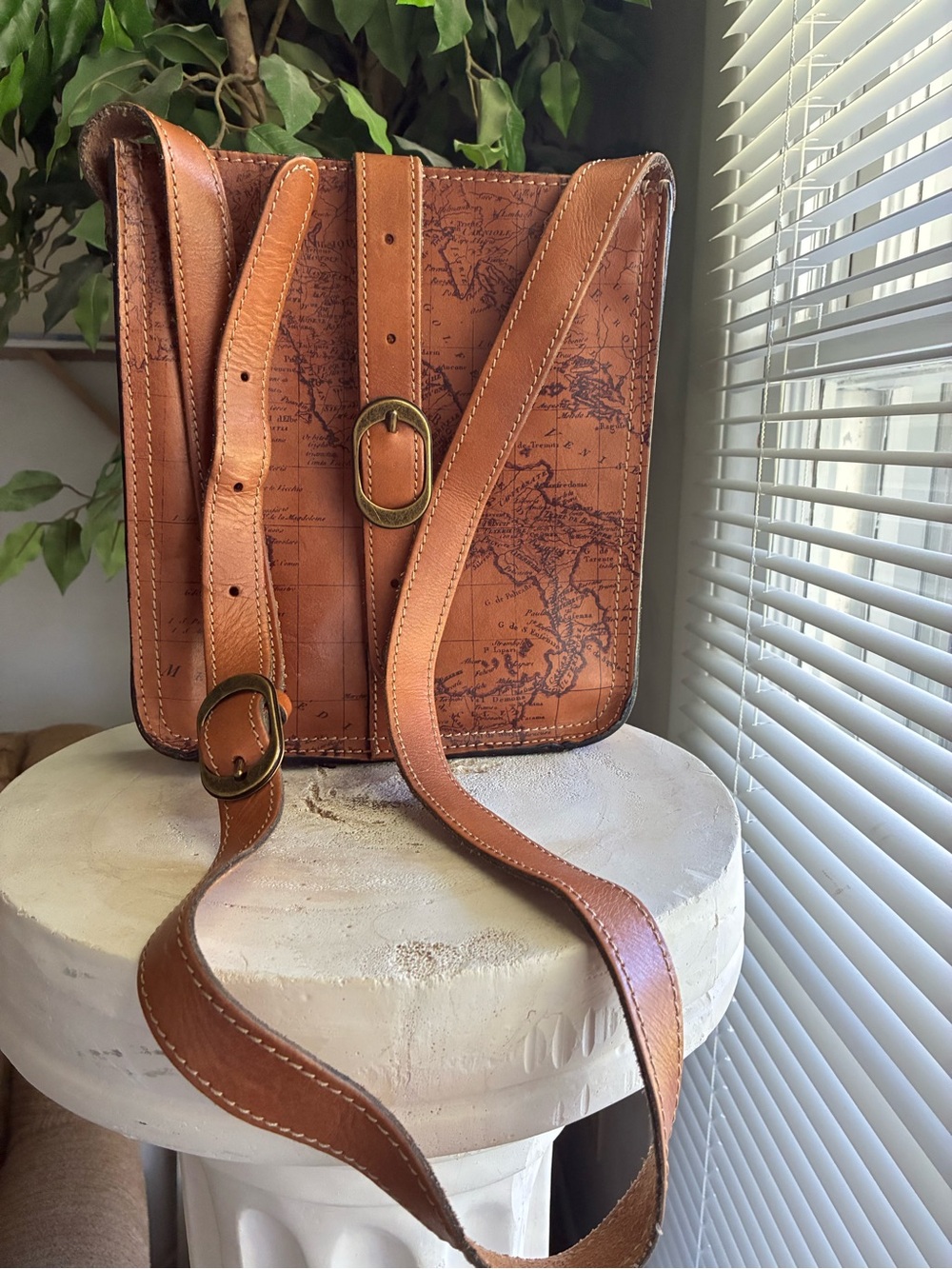 Patricia Nash Map Print Leather Crossbody Bag - Cognac Brown